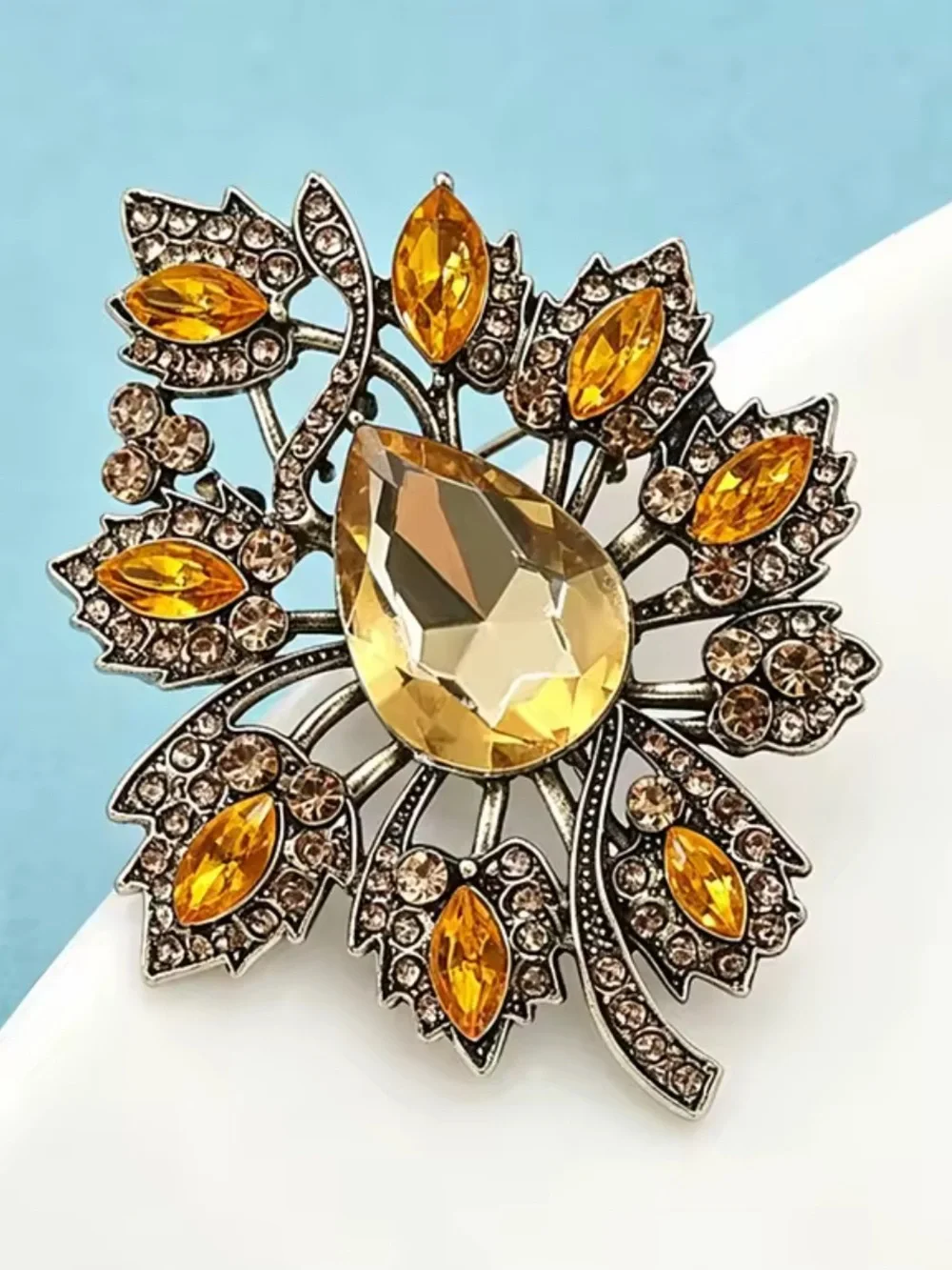 Autumn Amber Crystal Leaf Brooch